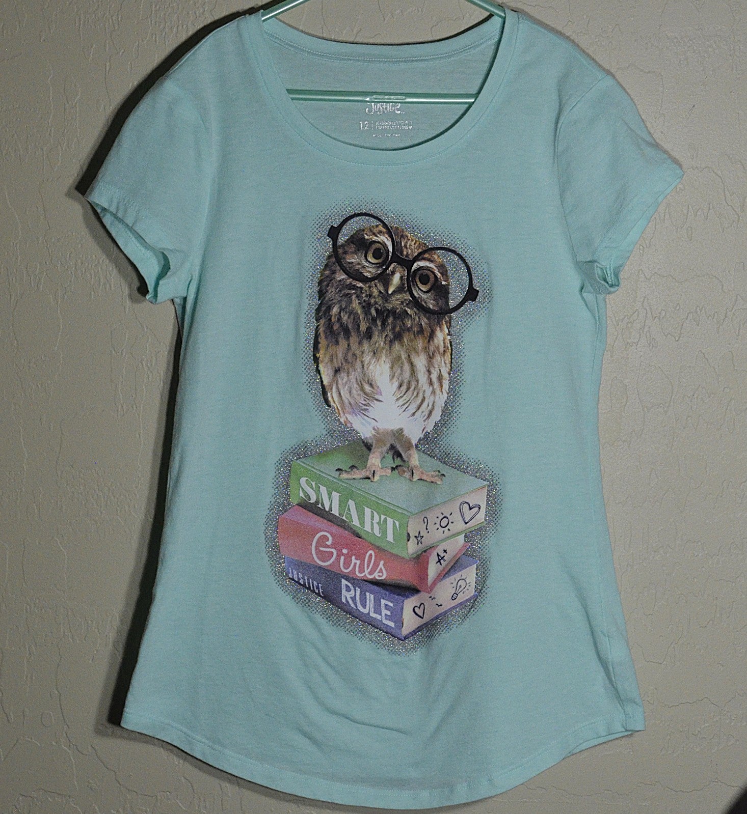 Justice T-Shirt Girls 12 Aqua Owl Smart Girls Rule Short Sleeve Back to School