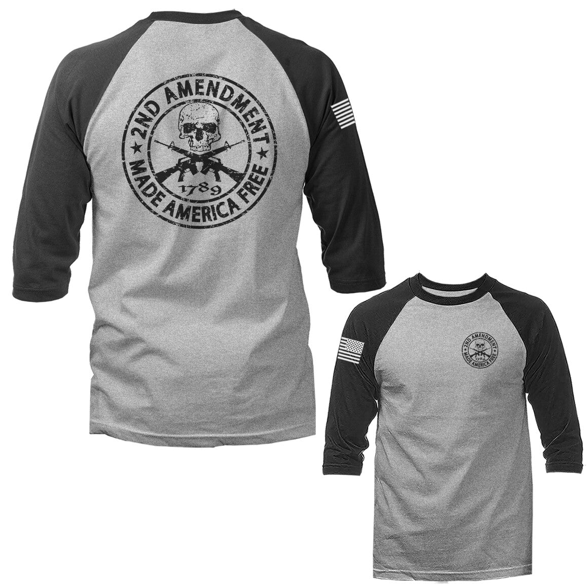 2nd Amendment Made America Free Constitution Gun US Flag 3/4 Sleeve Raglan