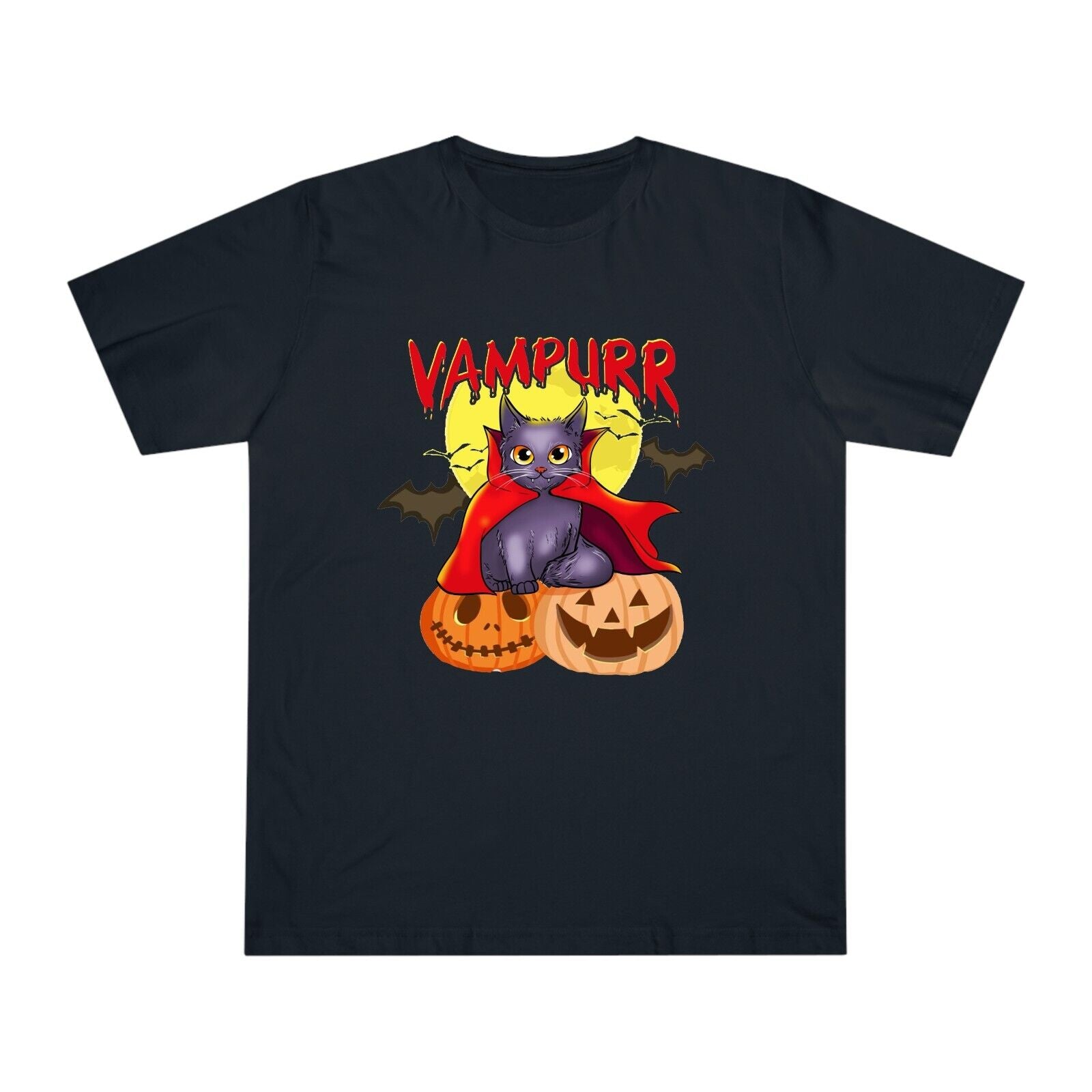 Vampurr Cat Halloween Tee, Bat Horror Tee, Pumpkin Tee Trick or Treat Unisex Top