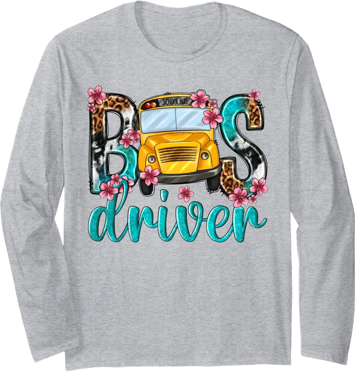 Floral Leopard Bus Driver Back To School Cute Present Long Sleeve Tshirt
