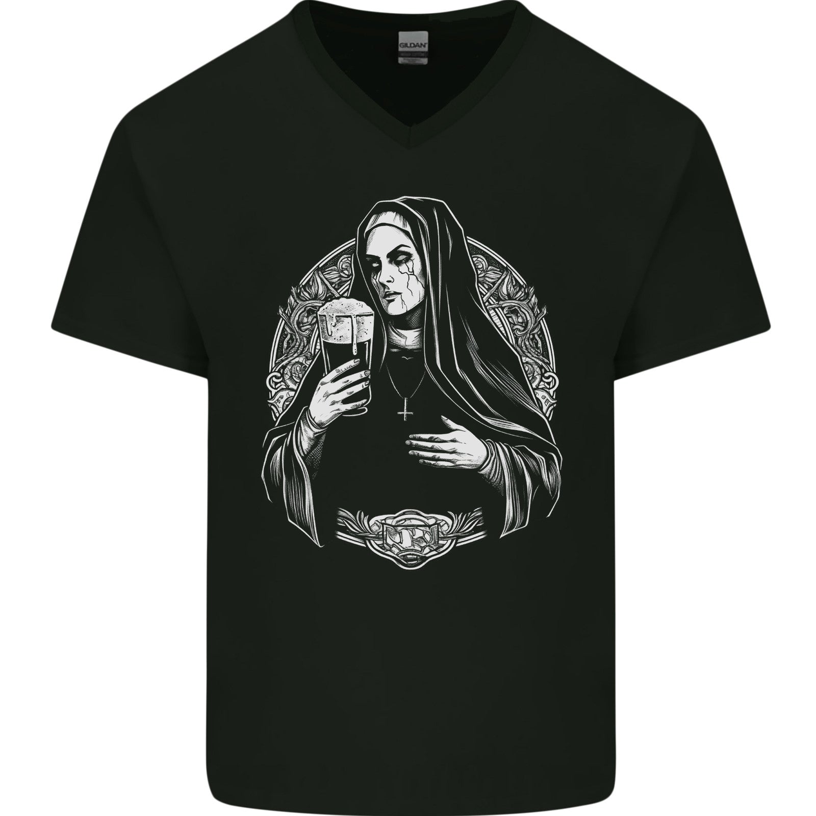 Evil Nun Drinking Beer Horror Halloween Mens V-Neck Cotton T-Shirt