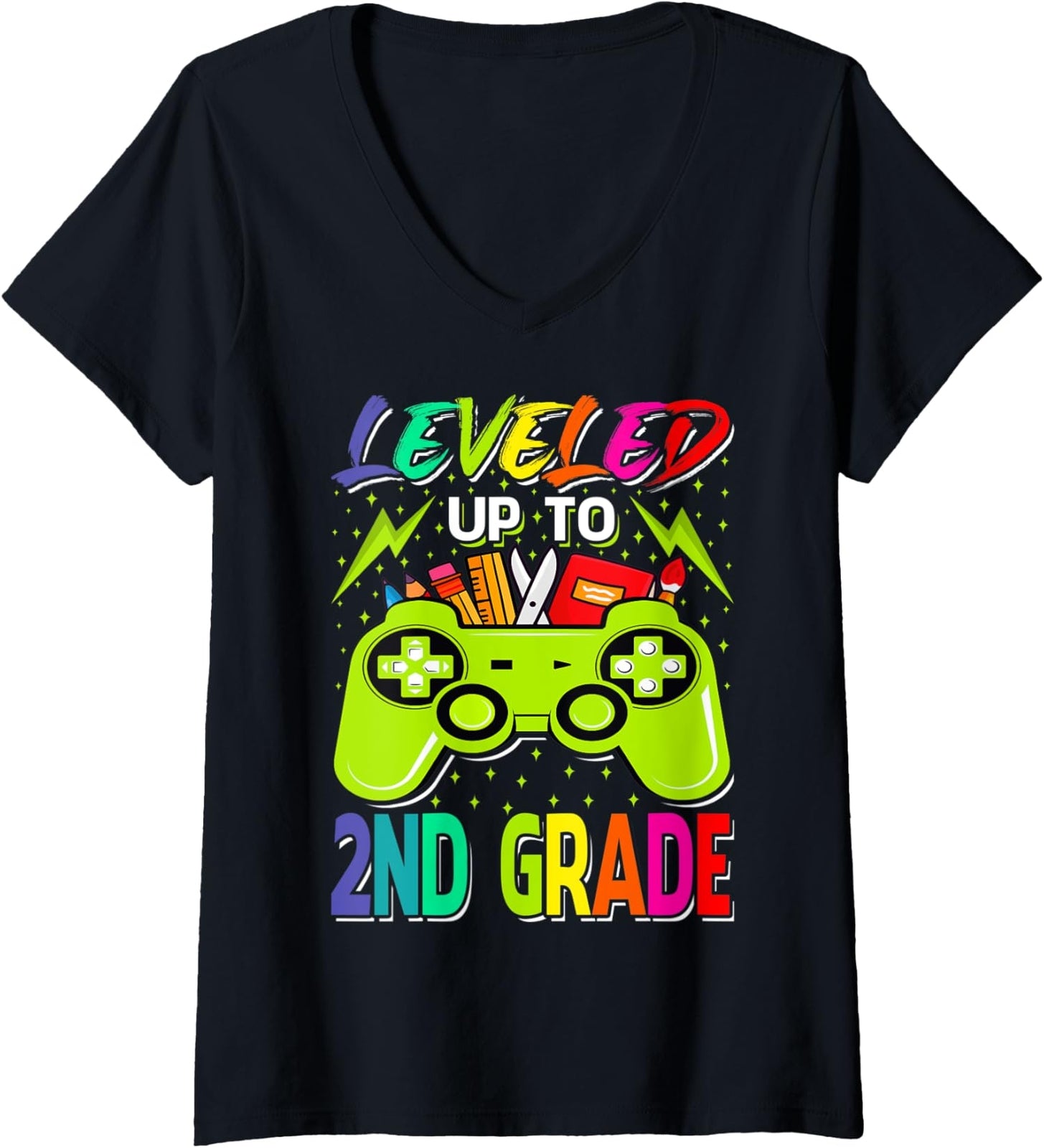 Leveled Up To 2nd Grade Gamer Back To School First Ladies' V-Neck Tshirt