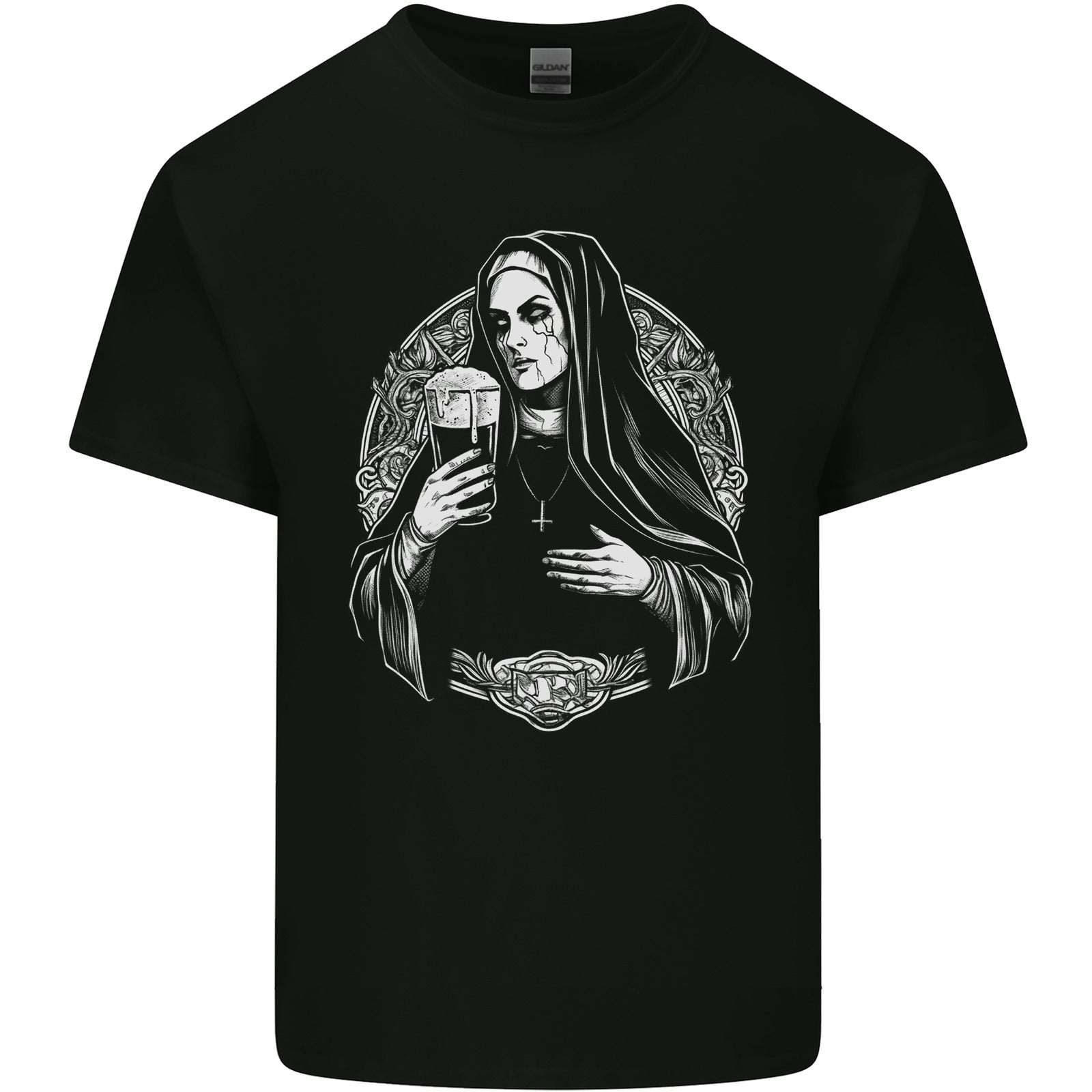 Evil Nun Drinking Beer Horror Halloween Mens Cotton T-Shirt Tee Top