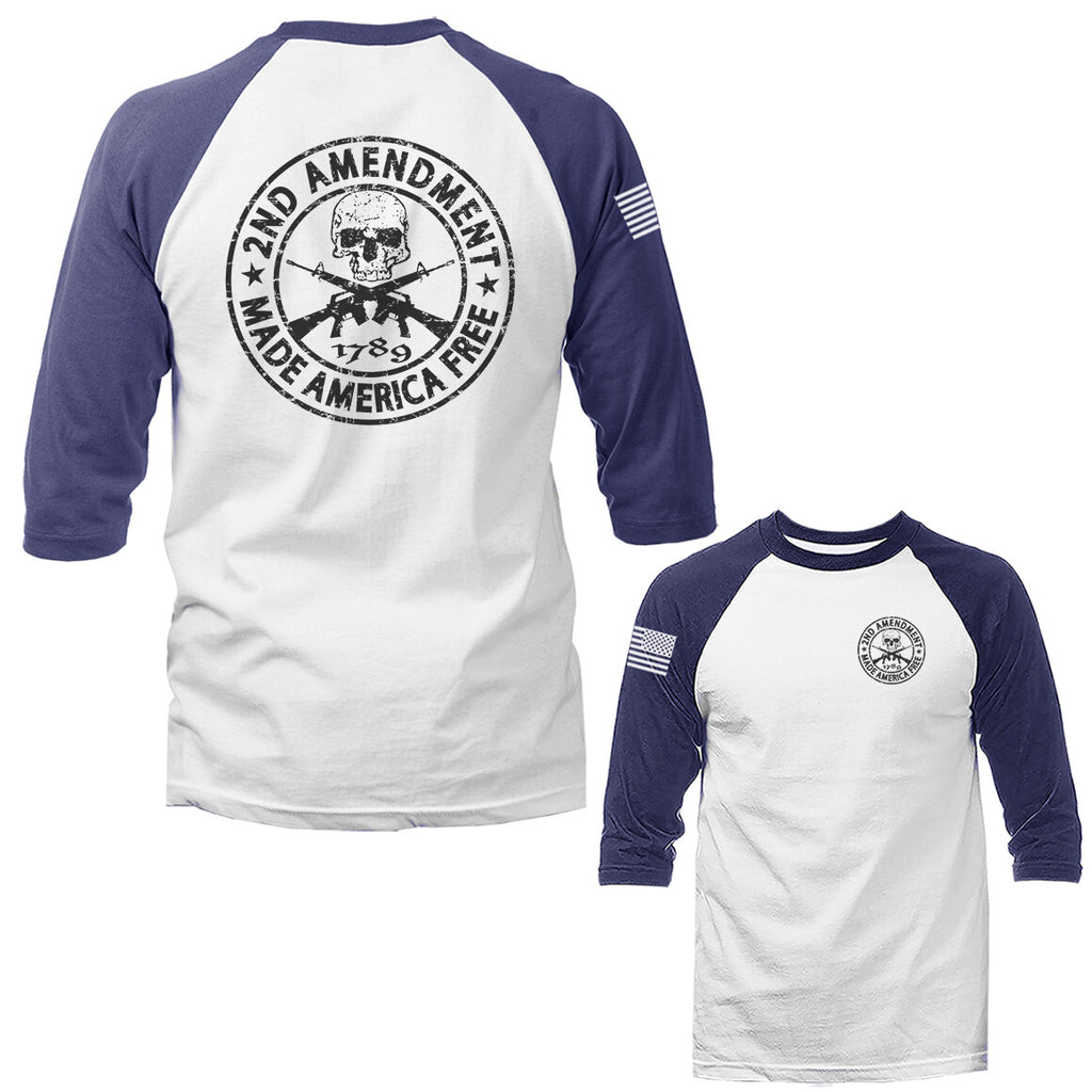 2nd Amendment Made America Free Constitution Gun US Flag 3/4 Sleeve Raglan