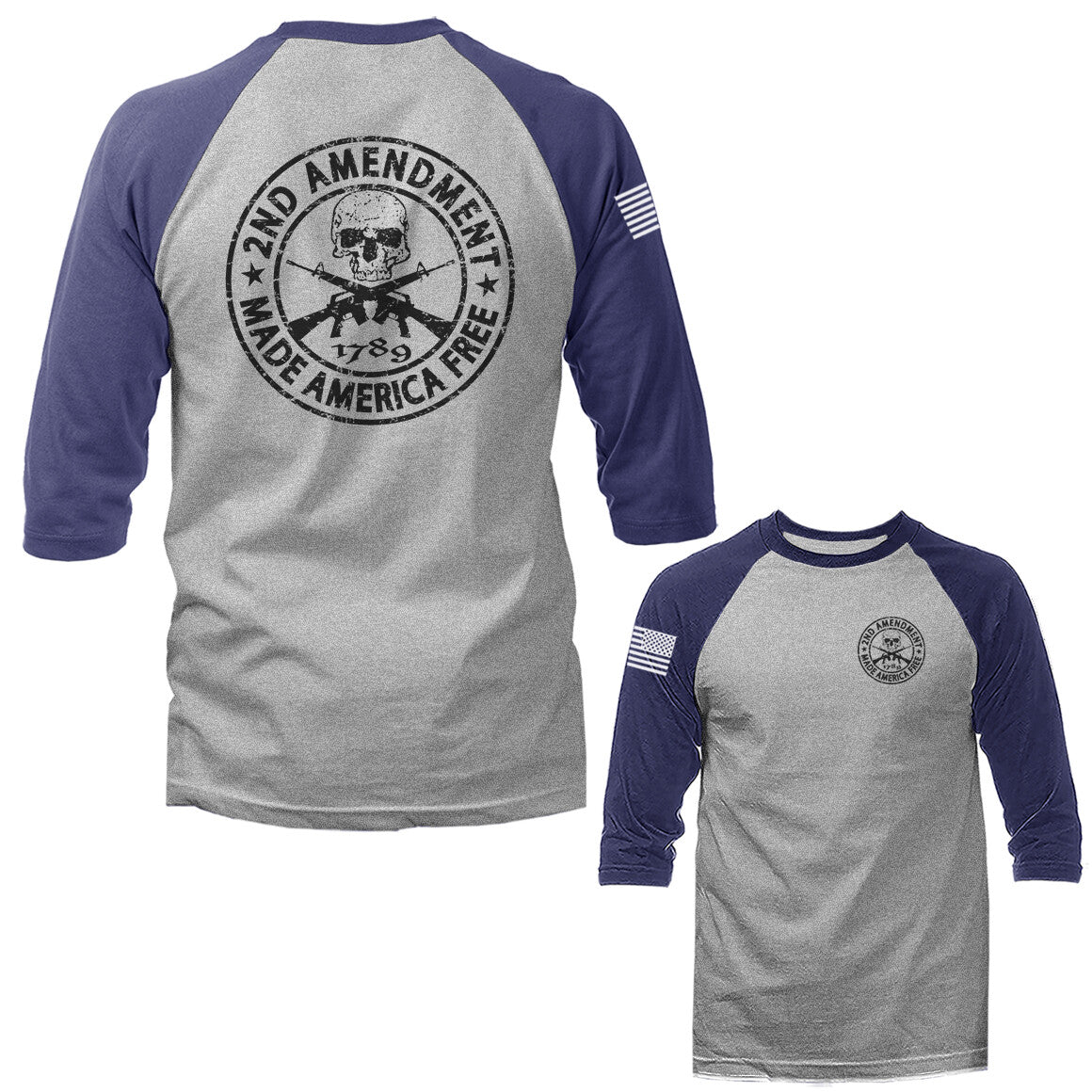 2nd Amendment Made America Free Constitution Gun US Flag 3/4 Sleeve Raglan