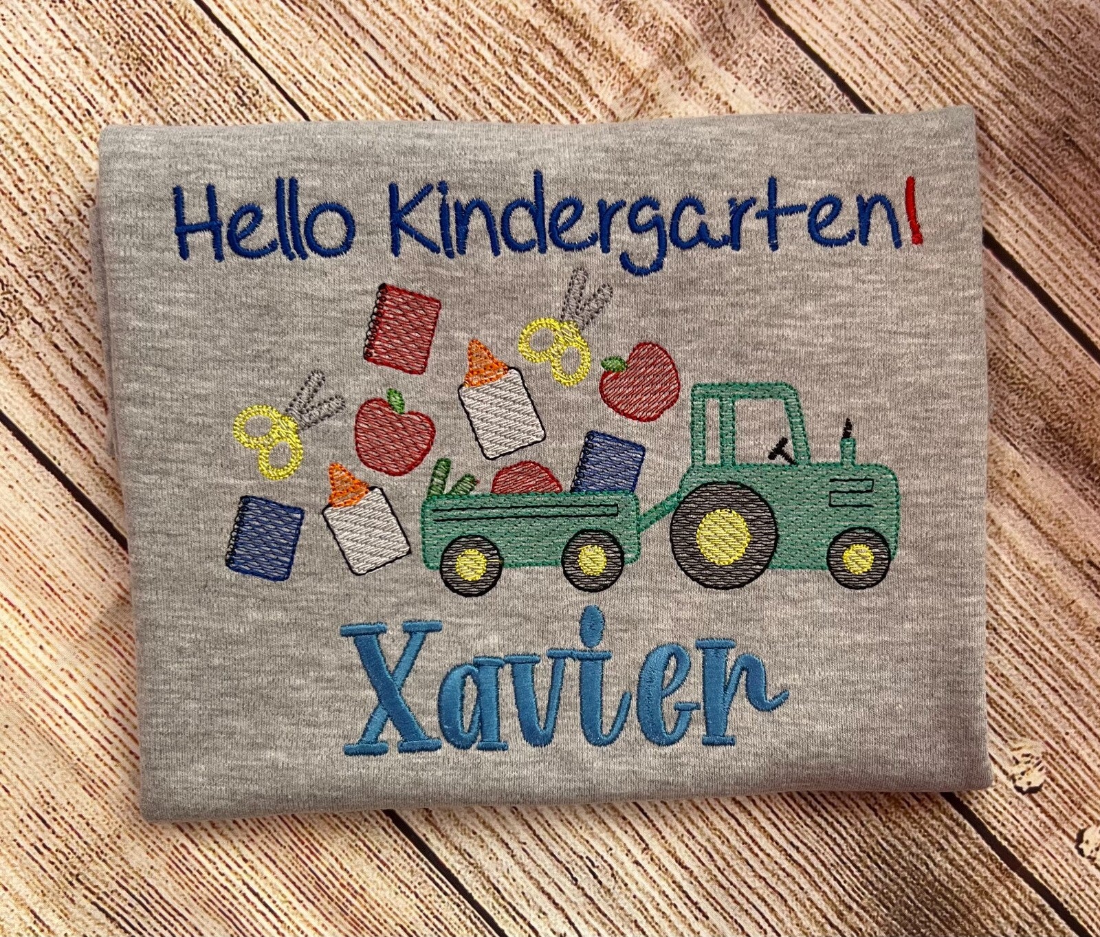 Back To school Kindergarten Embroidered T-shirt Tractor with school Supplies