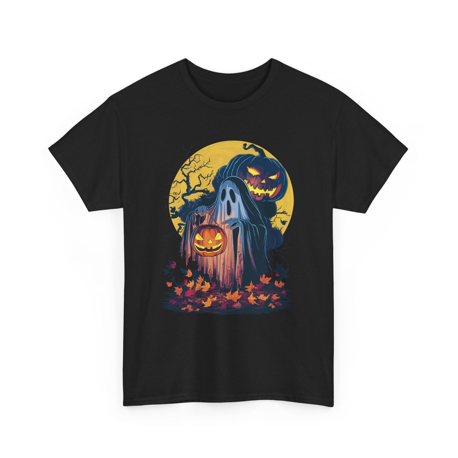 Autumn Leaves Pumpkin Halloween T-shirt - Artistic Holiday Ghost Graphic Tee
