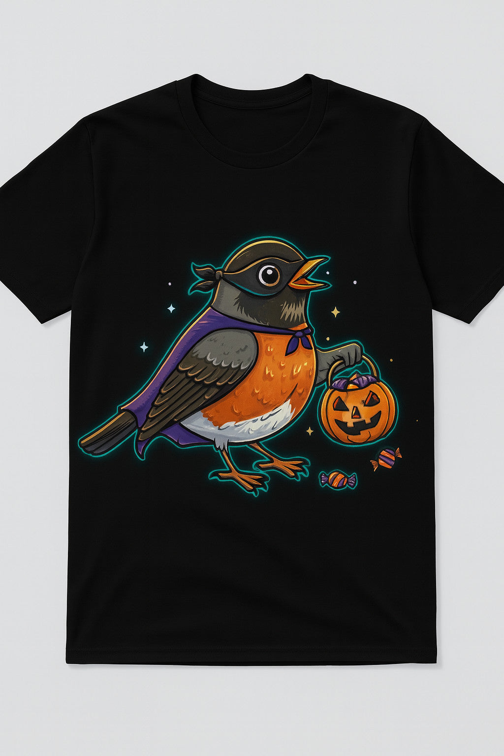 Halloween American Robin T-Shirt | Trick-or-Treat Bird Tee | Black & White Optio