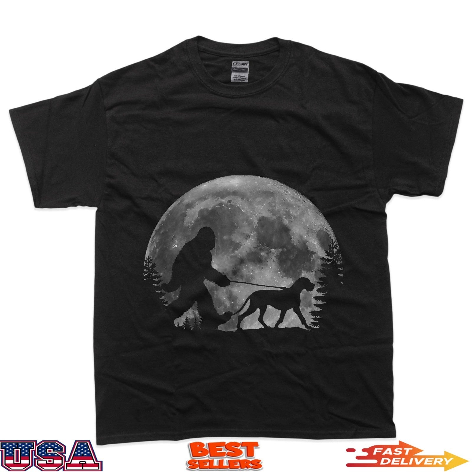Bigfoot Walking a Dog Funny Great Dane Lovers Moon Halloween Men Women T-Shirt