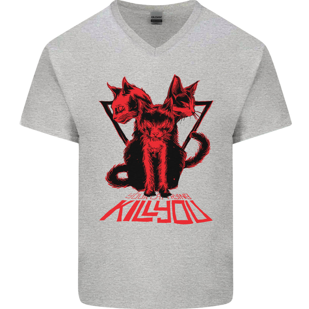 Demonic Cats Halloween Horror Witch Demons Mens V-Neck Cotton T-Shirt