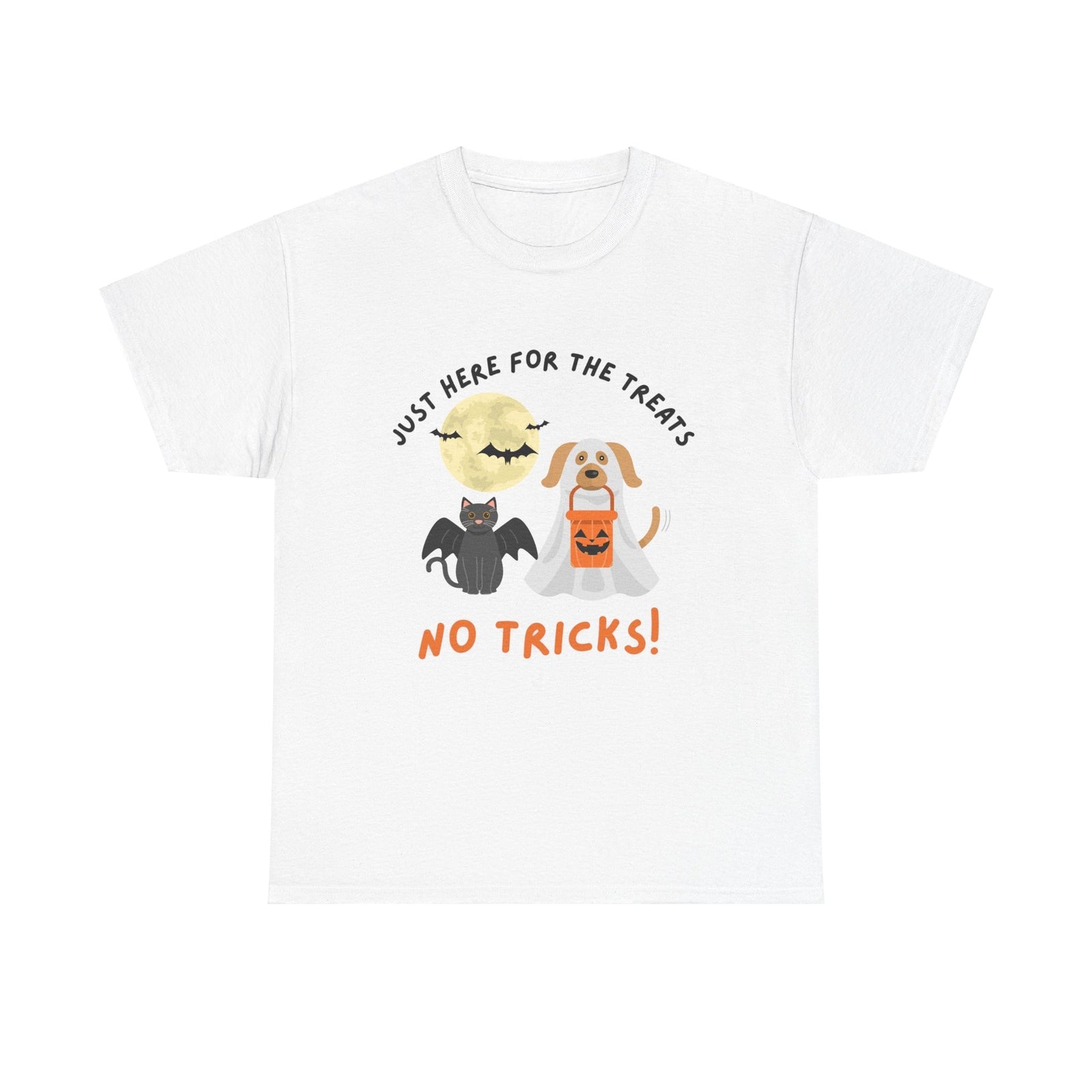 Halloween Adult Tee Shirt, Unisex, Trick or Treat Dog Cat Moon Bats