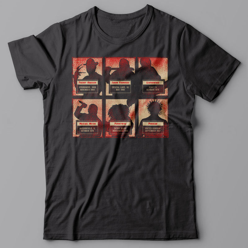 Funny T-shirt HORROR HORDE, Mugshot scary movie, Freddy Krueger, Friday 13, 