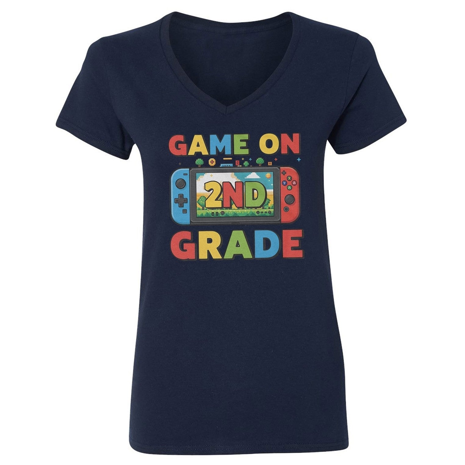 Game On 2nd Grade Design - Fun Back to School Gamer Ladies' V-Neck Tshirt