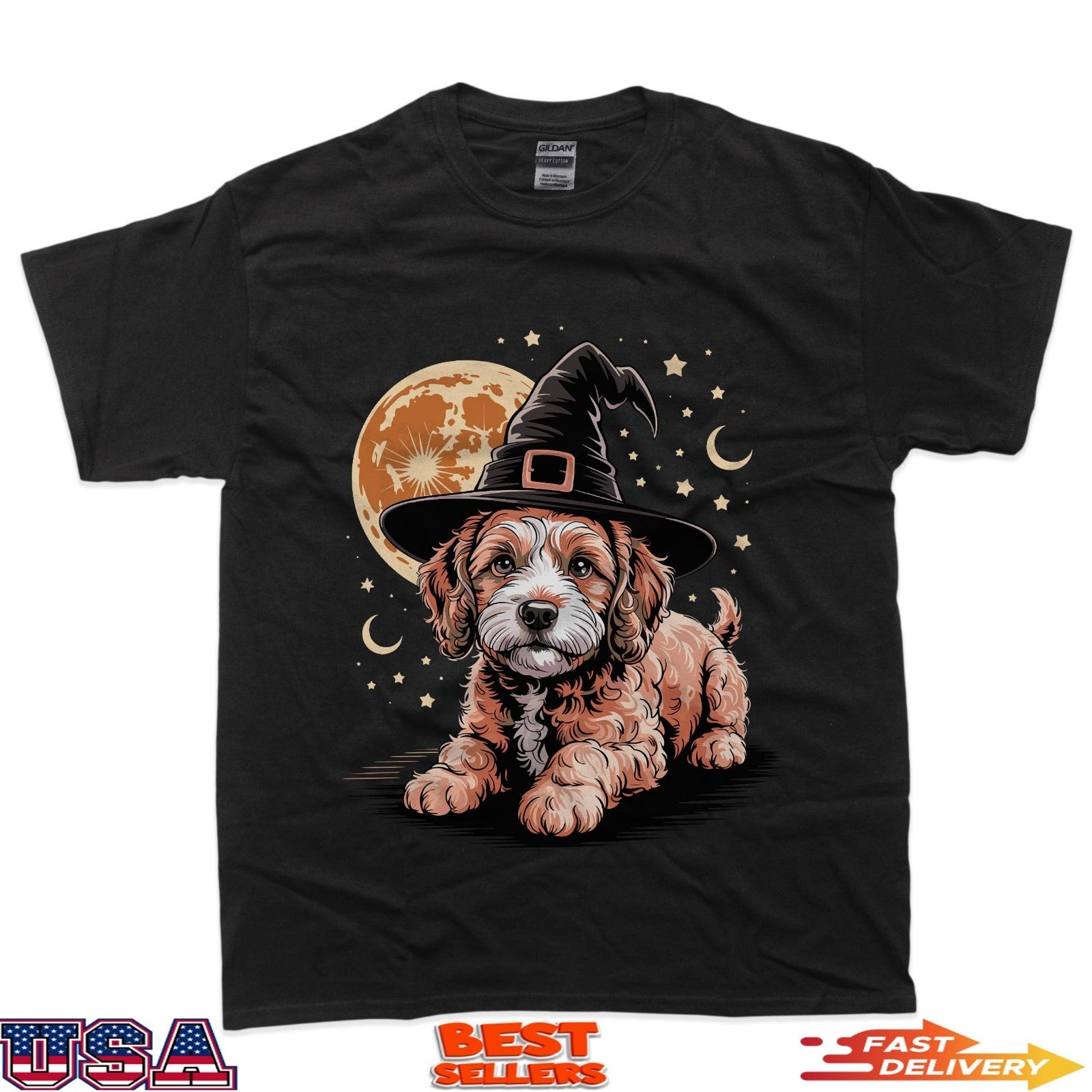 Cute Goldendoodle Dog Witch Hat Funny Halloween Dog Lovers T-Shirt