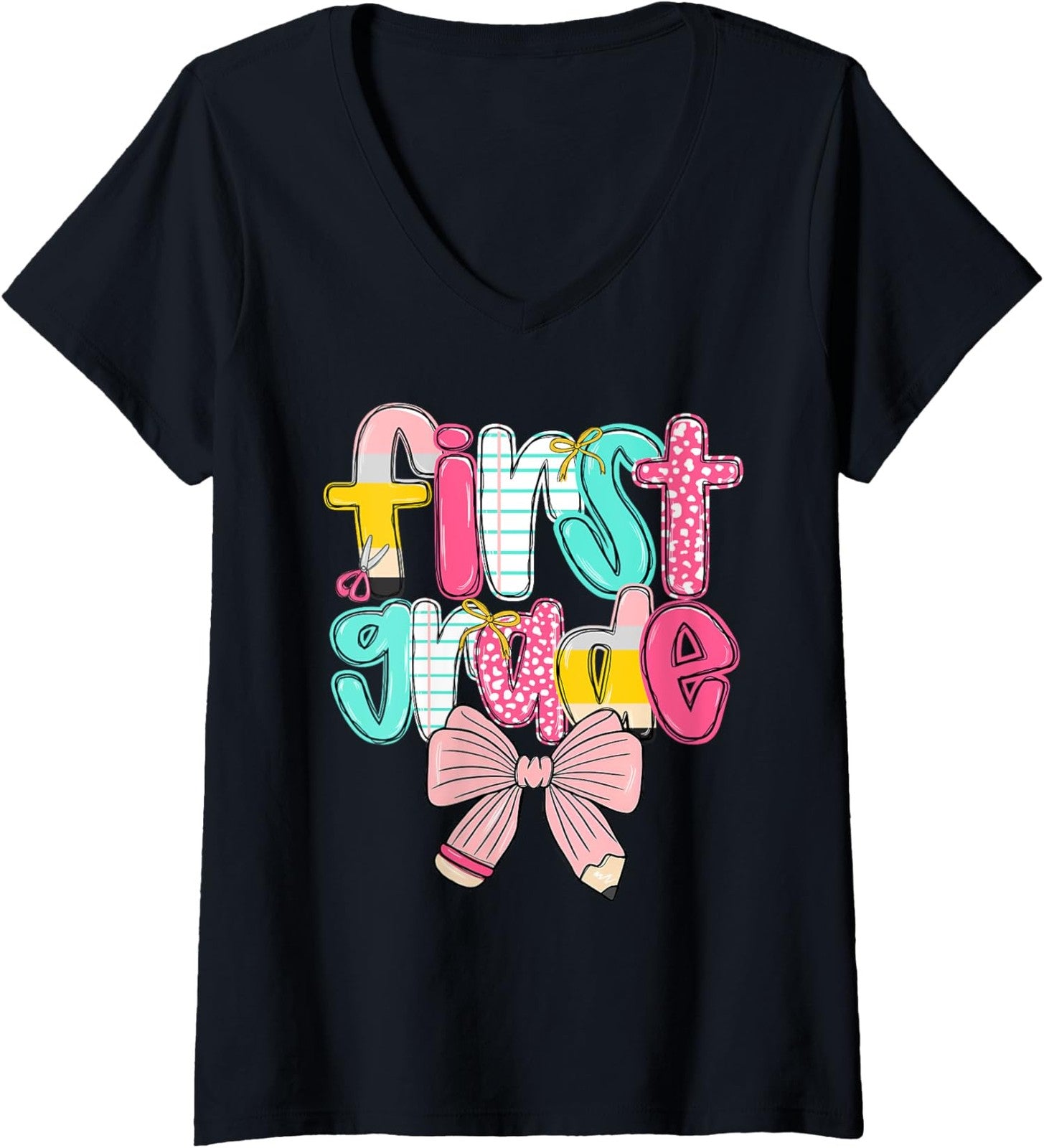 First Grade Coquette Bow Back To School First Day Ladies' V-Neck Tshirt