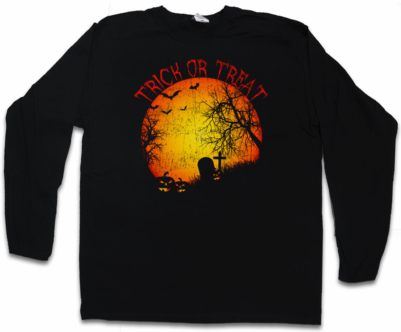 TRICK OR TREAT LONG SLEEVE T-SHIRT Graveyard Halloween Samhain USA Creature