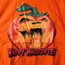 Scary Halloween Screen Print Orange Short Sleeve Crew Neck T-Shirt Men's Sz L