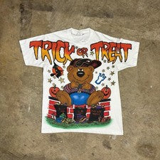 Vintage 90s trick or treat Halloween bear aop shirt 